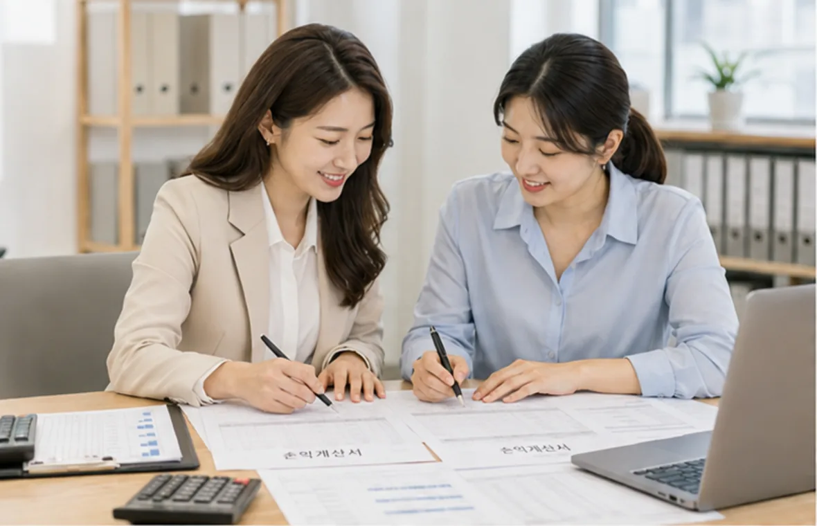 매출과 비용 자료를 월별로 점검하는 모습