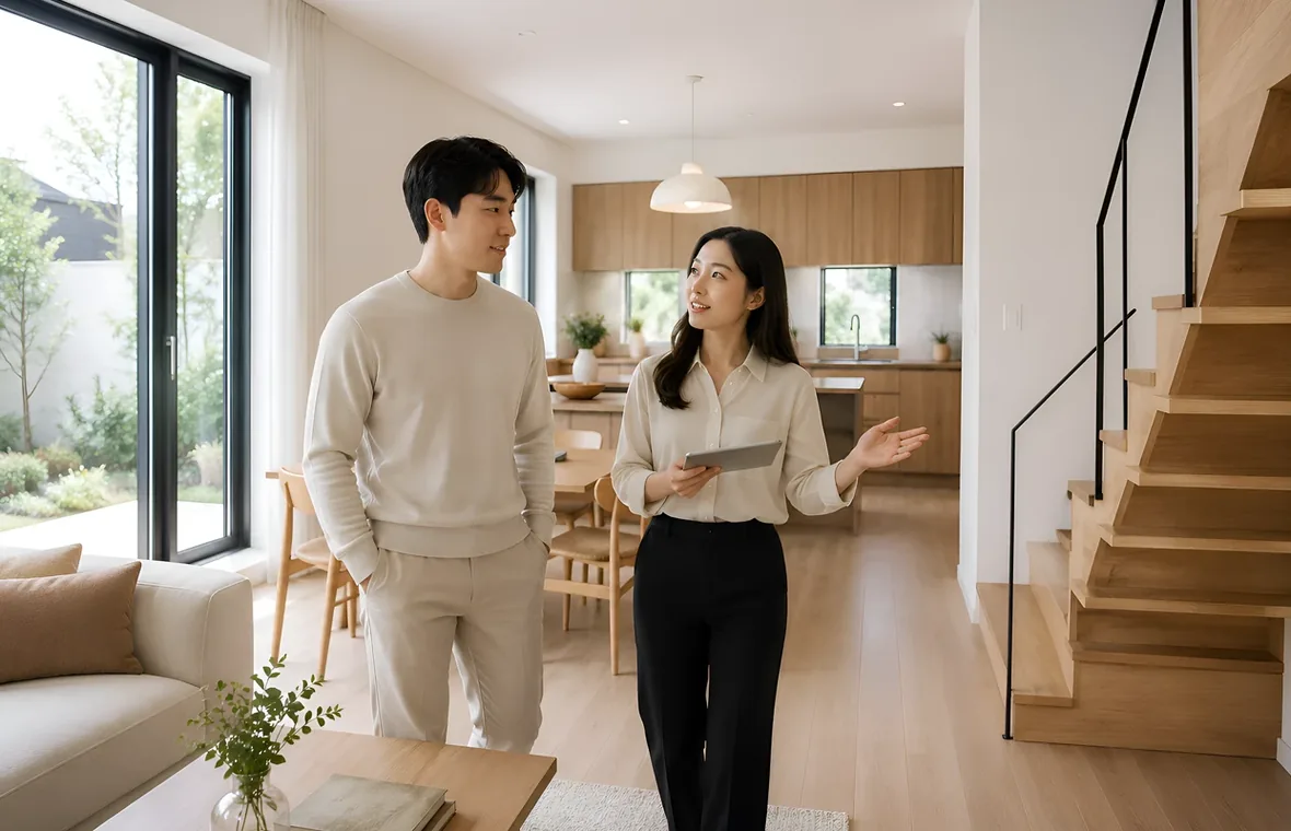인테리어 공사 범위와 자재를 현장에서 확인하는 모습
