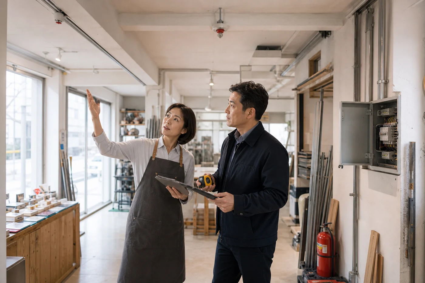 공방에서 설비와 화재 위험 요소를 점검하는 서비스 장면 예시
