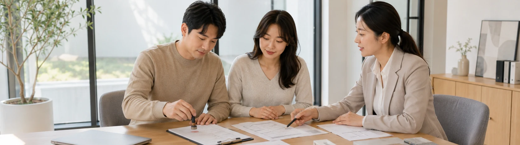 밝은 미팅룸에서 고객이 비교 내용을 확인하고 계약서에 도장을 찍는 상담 마무리 장면