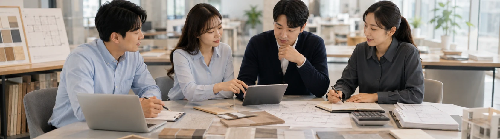 밝은 협업 스튜디오에서 프로젝트 자료를 함께 검토하는 분야별 전문가 팀